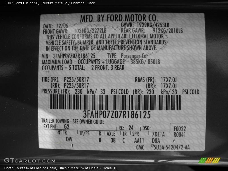 2007 Fusion SE Redfire Metallic Color Code G2