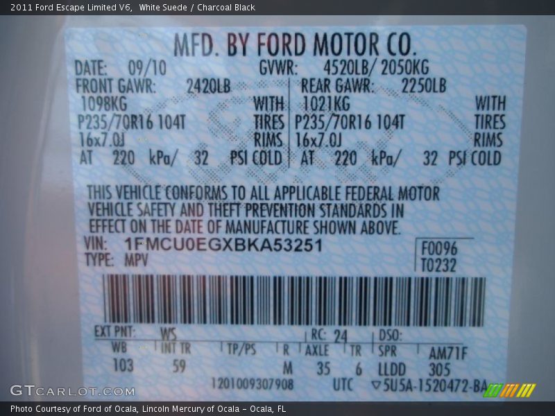 2011 Escape Limited V6 White Suede Color Code WS