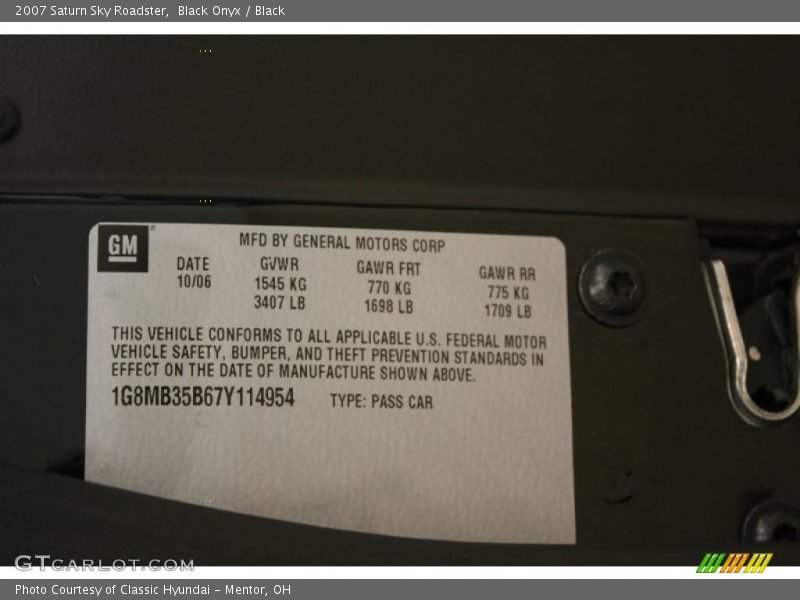 Info Tag of 2007 Sky Roadster