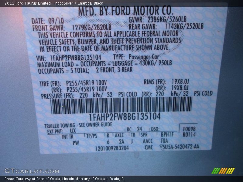 2011 Taurus Limited Ingot Silver Color Code UX