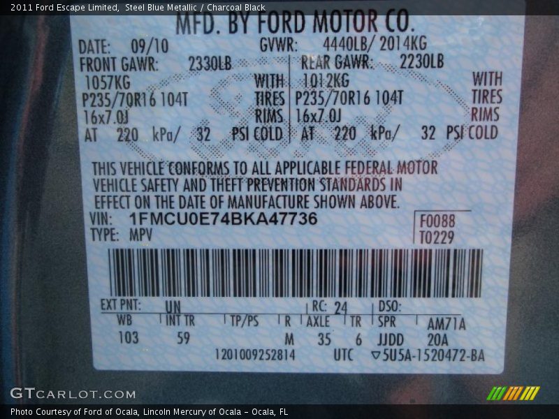 2011 Escape Limited Steel Blue Metallic Color Code UN