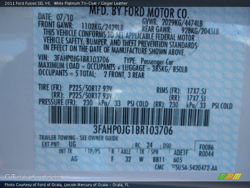 2011 Fusion SEL V6 White Platinum Tri-Coat Color Code UG