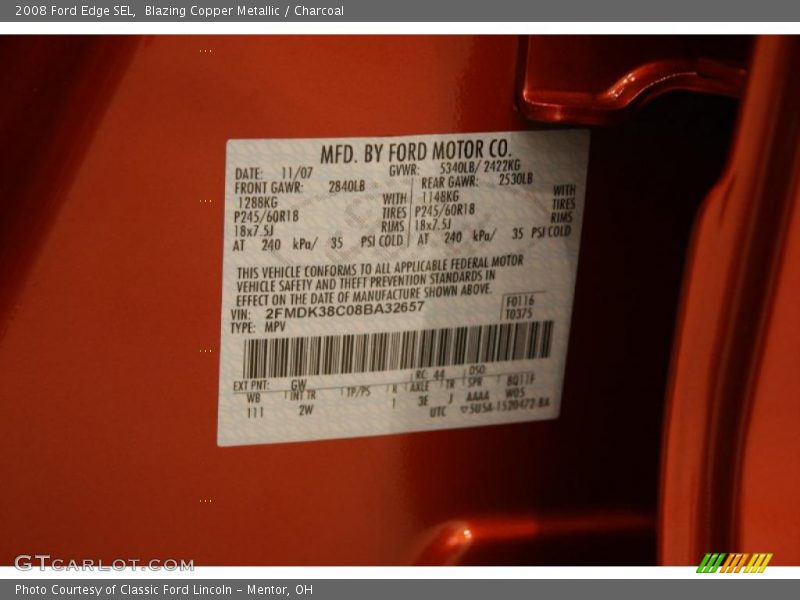 Blazing Copper Metallic / Charcoal 2008 Ford Edge SEL