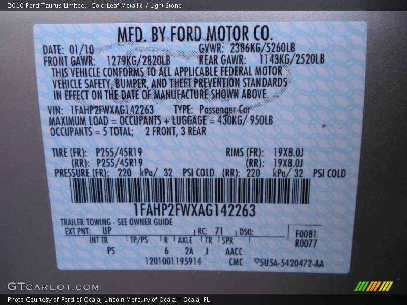 Gold Leaf Metallic / Light Stone 2010 Ford Taurus Limited