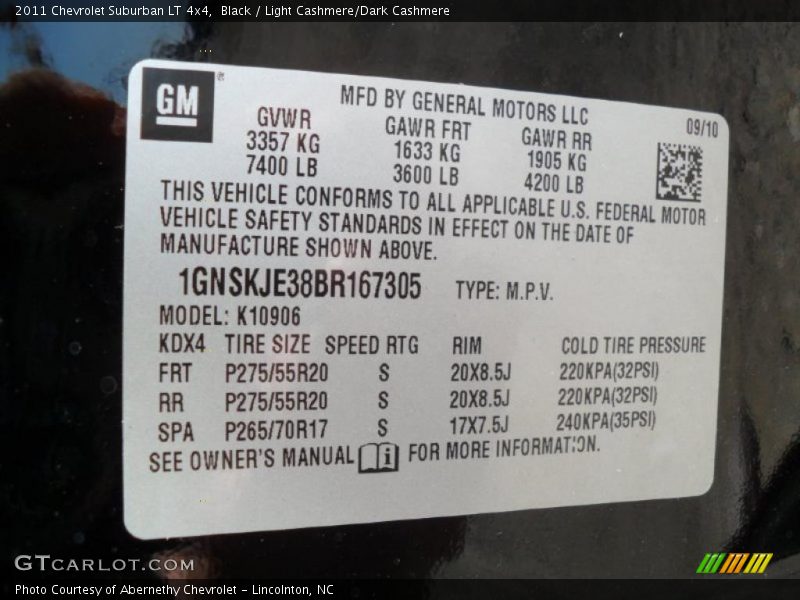 Info Tag of 2011 Suburban LT 4x4