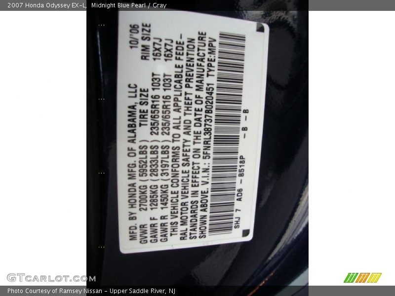 Midnight Blue Pearl / Gray 2007 Honda Odyssey EX-L