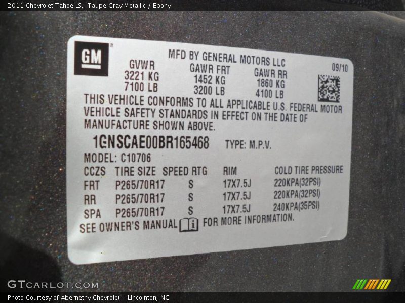Info Tag of 2011 Tahoe LS