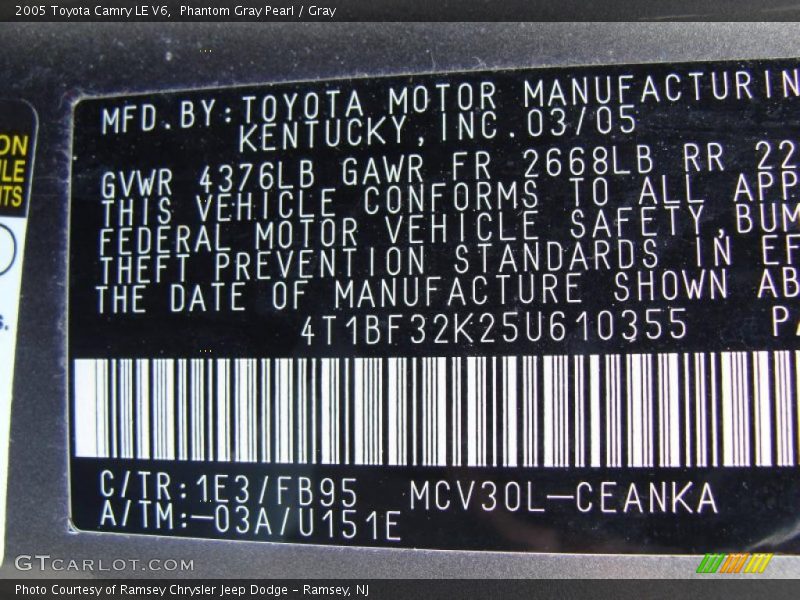 2005 Camry LE V6 Phantom Gray Pearl Color Code 1E3