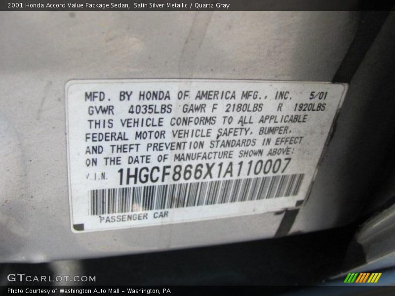 Satin Silver Metallic / Quartz Gray 2001 Honda Accord Value Package Sedan