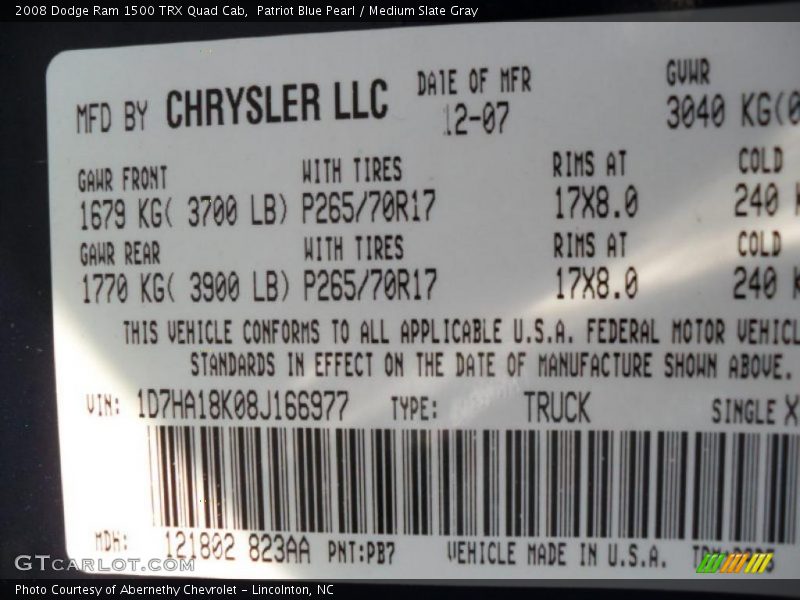 2008 Ram 1500 TRX Quad Cab Patriot Blue Pearl Color Code PB7