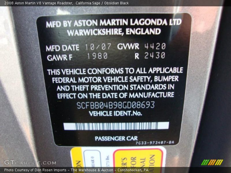 California Sage / Obsidian Black 2008 Aston Martin V8 Vantage Roadster