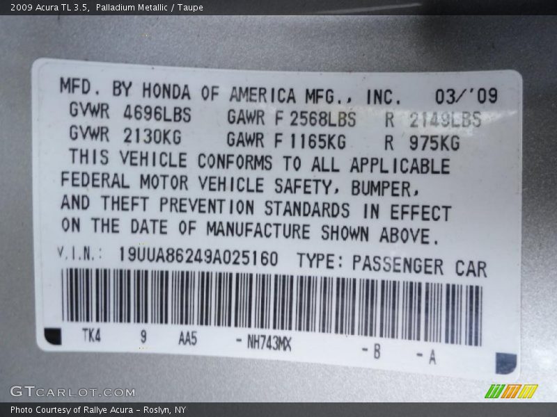 2009 TL 3.5 Palladium Metallic Color Code NH743M