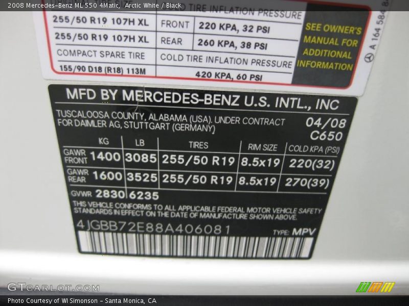 Arctic White / Black 2008 Mercedes-Benz ML 550 4Matic