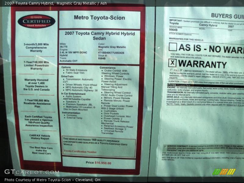 Magnetic Gray Metallic / Ash 2007 Toyota Camry Hybrid