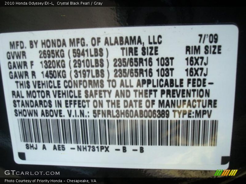 Crystal Black Pearl / Gray 2010 Honda Odyssey EX-L