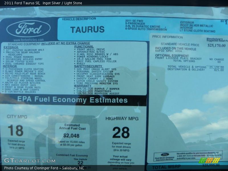  2011 Taurus SE Window Sticker