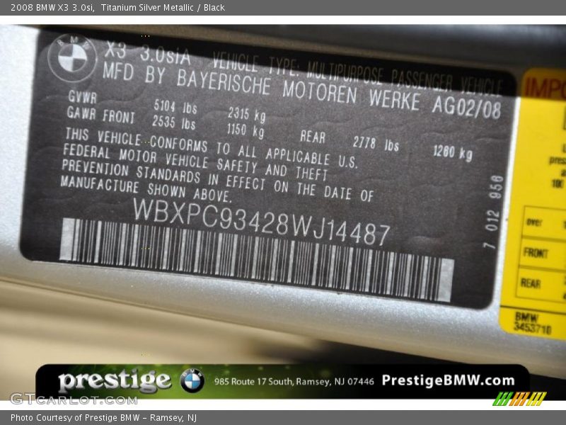 Titanium Silver Metallic / Black 2008 BMW X3 3.0si