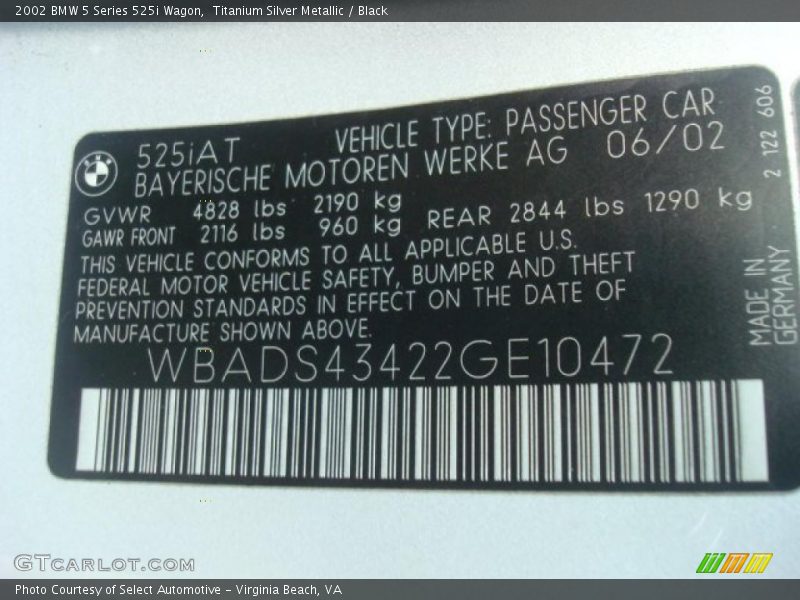 Info Tag of 2002 5 Series 525i Wagon