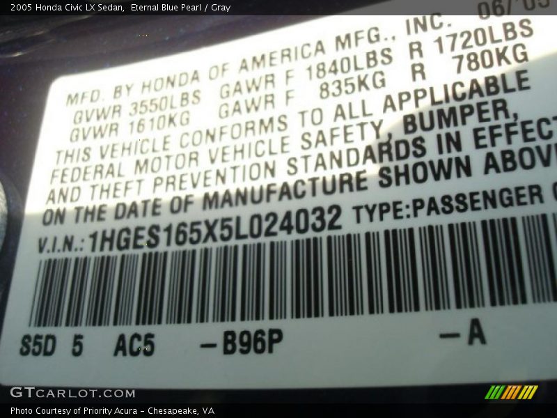 2005 Civic LX Sedan Eternal Blue Pearl Color Code B96P
