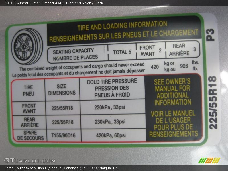 Info Tag of 2010 Tucson Limited AWD