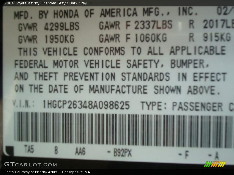 Phantom Gray / Dark Gray 2004 Toyota Matrix