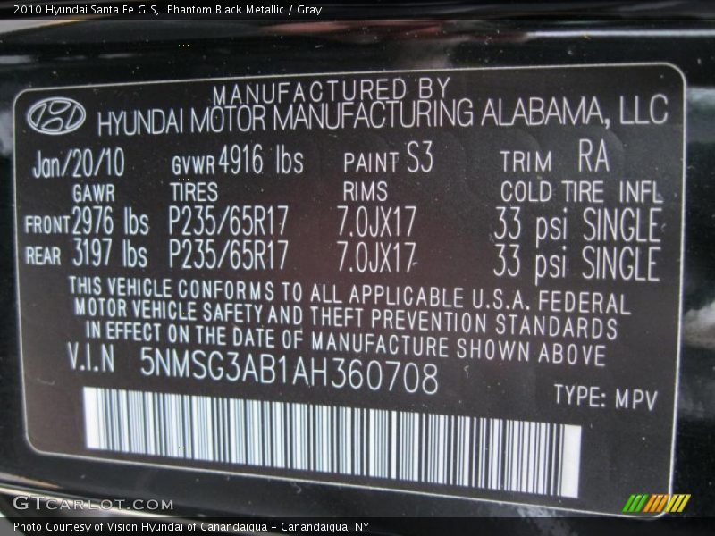 Phantom Black Metallic / Gray 2010 Hyundai Santa Fe GLS