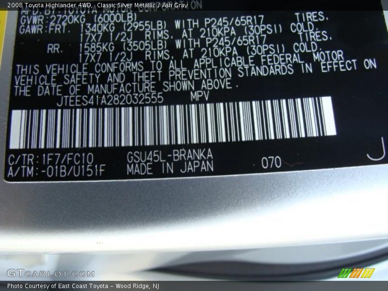 Classic Silver Metallic / Ash Gray 2008 Toyota Highlander 4WD