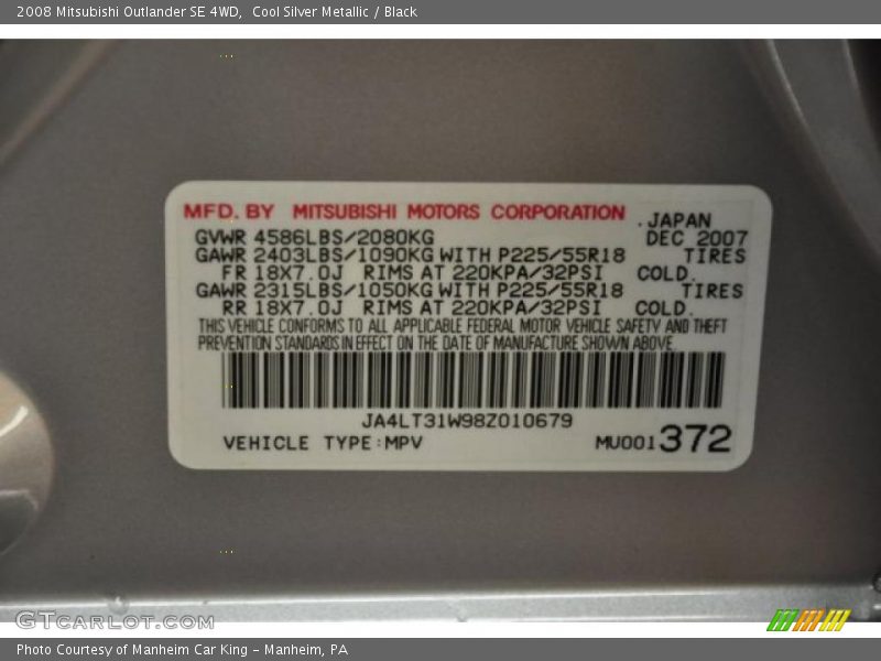 Cool Silver Metallic / Black 2008 Mitsubishi Outlander SE 4WD