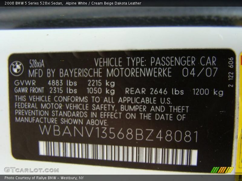 Alpine White / Cream Beige Dakota Leather 2008 BMW 5 Series 528xi Sedan