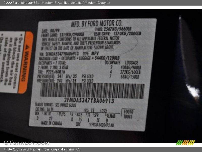2000 Windstar SEL Medium Royal Blue Metallic Color Code LA