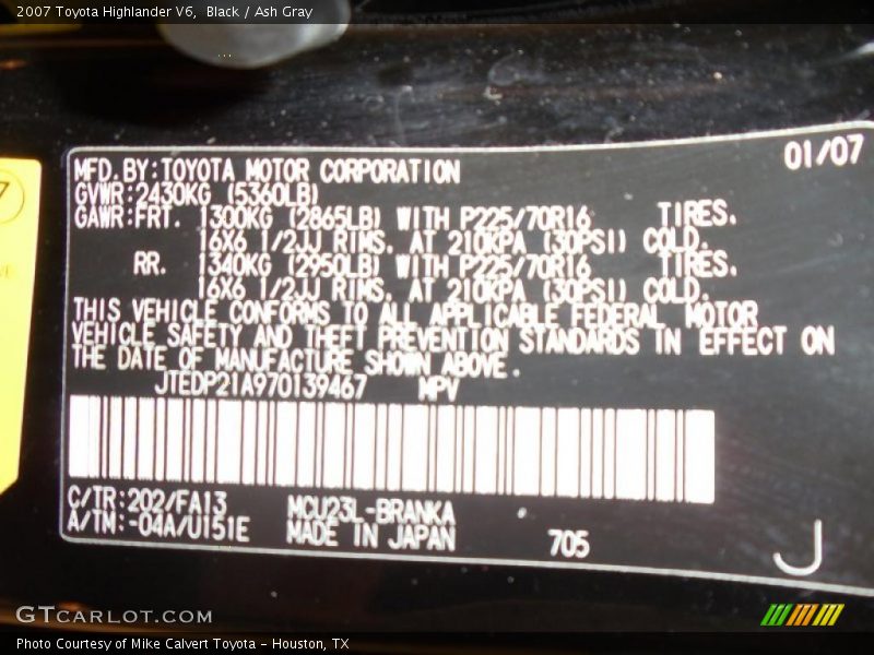 Black / Ash Gray 2007 Toyota Highlander V6
