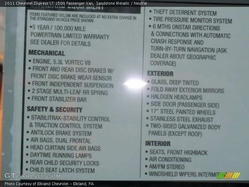  2011 Express LT 1500 Passenger Van Window Sticker