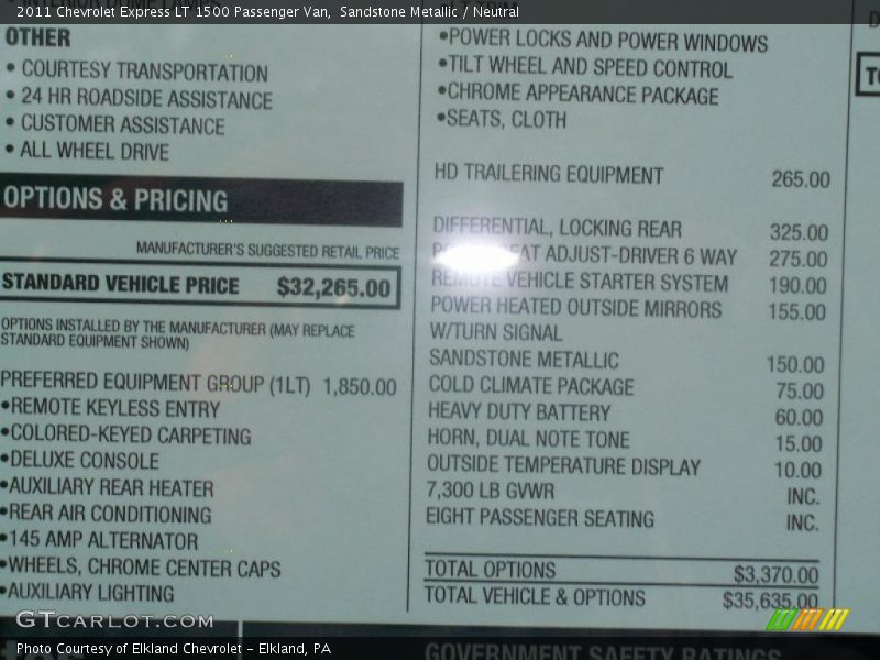 2011 Express LT 1500 Passenger Van Window Sticker