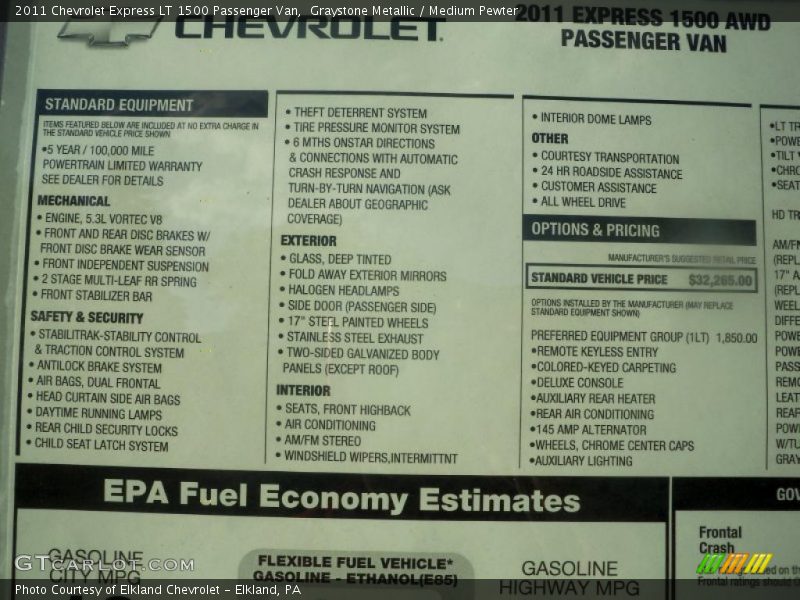  2011 Express LT 1500 Passenger Van Window Sticker