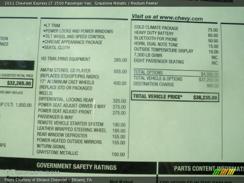  2011 Express LT 1500 Passenger Van Window Sticker