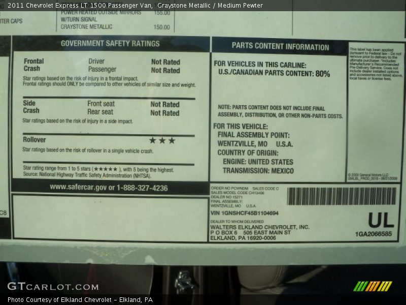  2011 Express LT 1500 Passenger Van Window Sticker