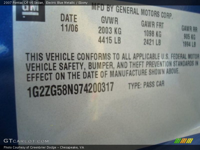 Electric Blue Metallic / Ebony 2007 Pontiac G6 V6 Sedan