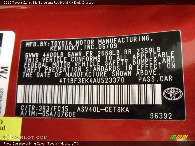Barcelona Red Metallic / Dark Charcoal 2010 Toyota Camry SE