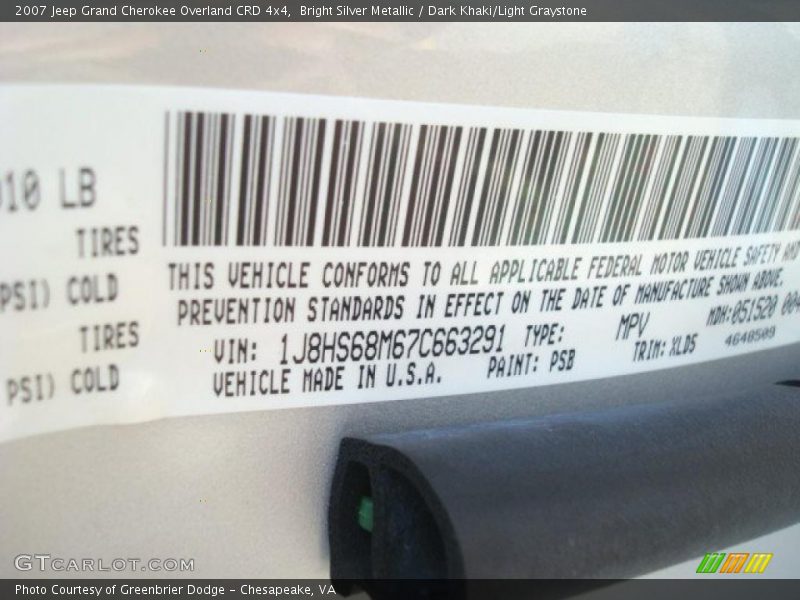 2007 Grand Cherokee Overland CRD 4x4 Bright Silver Metallic Color Code PSB