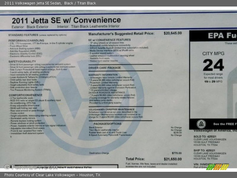  2011 Jetta SE Sedan Window Sticker