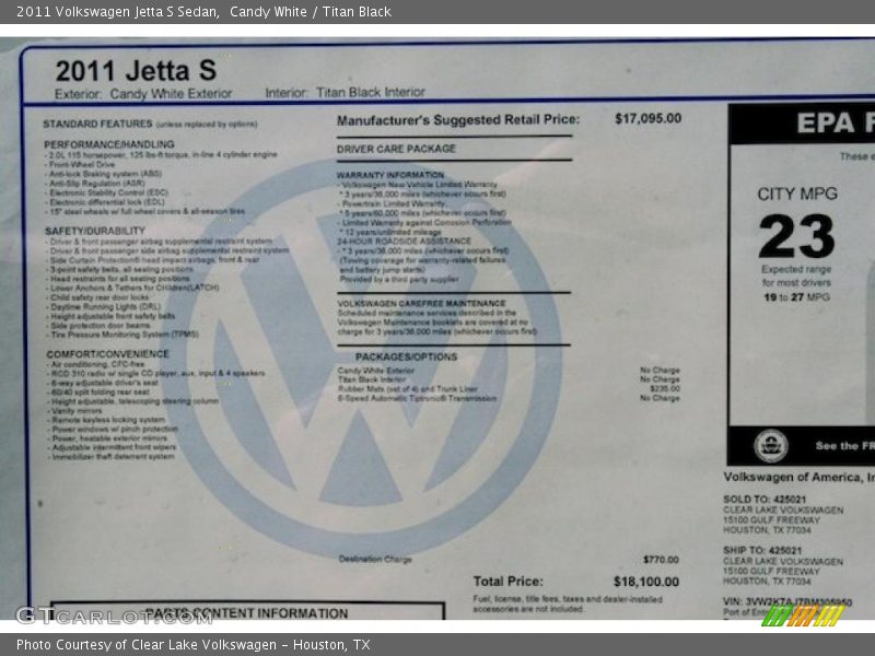  2011 Jetta S Sedan Window Sticker