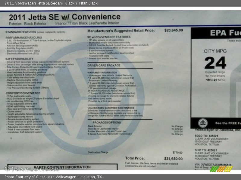 Black / Titan Black 2011 Volkswagen Jetta SE Sedan
