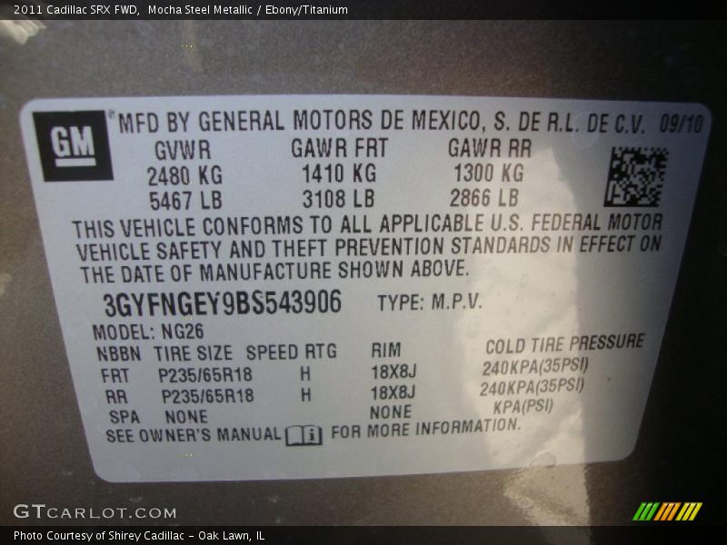 Info Tag of 2011 SRX FWD