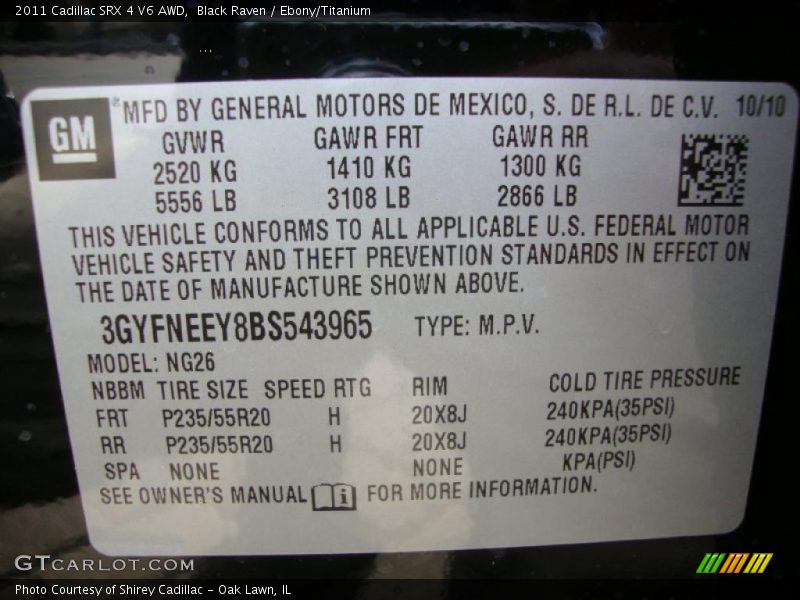Info Tag of 2011 SRX 4 V6 AWD