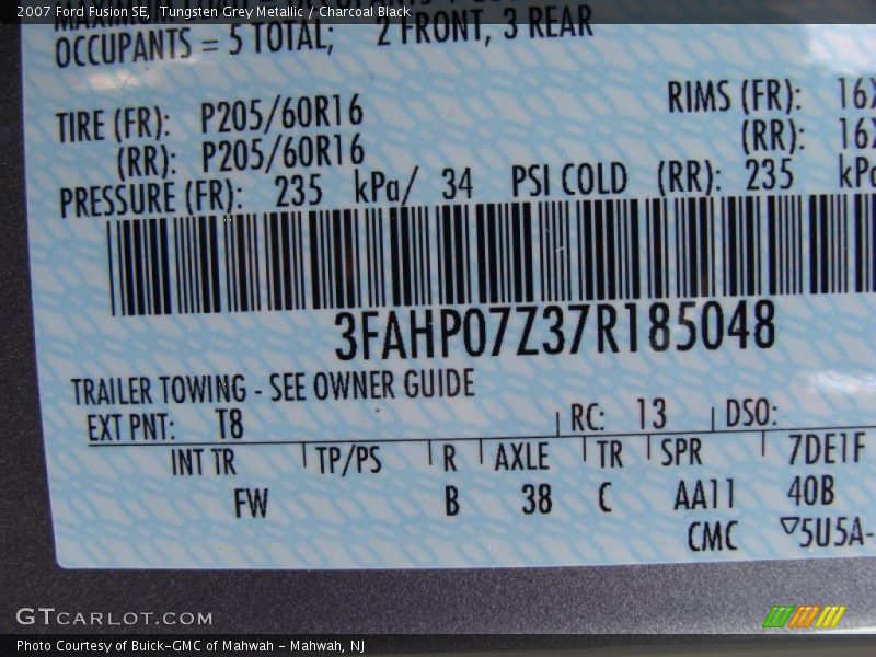 Tungsten Grey Metallic / Charcoal Black 2007 Ford Fusion SE
