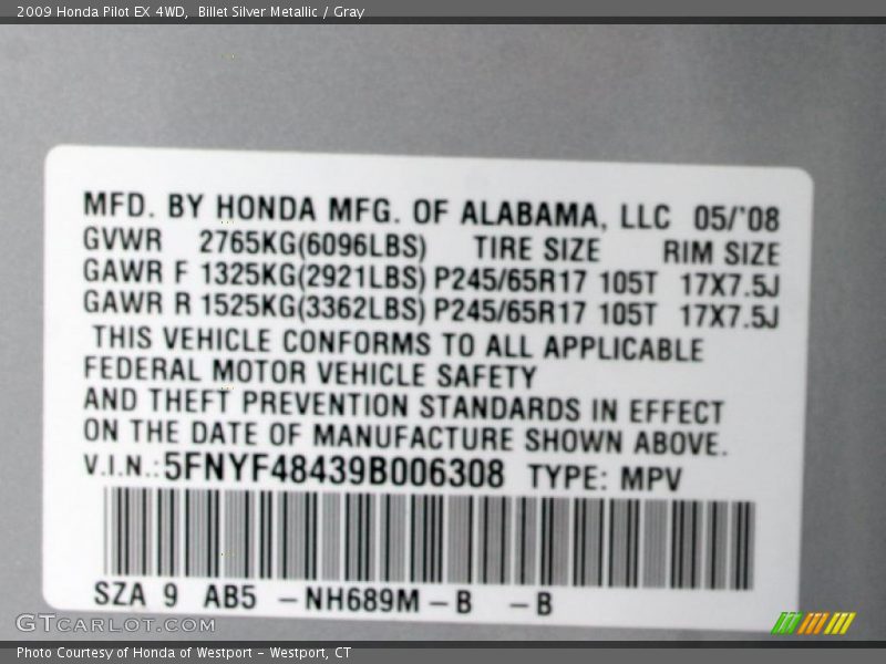 2009 Pilot EX 4WD Billet Silver Metallic Color Code NH689M