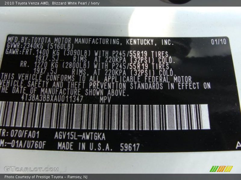 Blizzard White Pearl / Ivory 2010 Toyota Venza AWD
