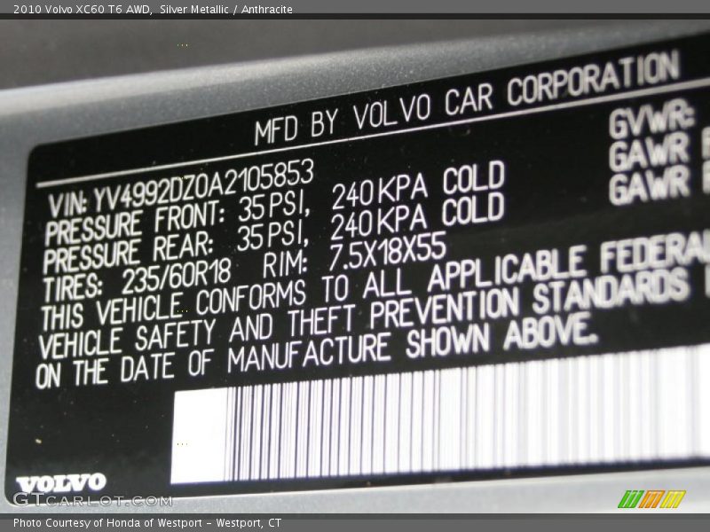 Silver Metallic / Anthracite 2010 Volvo XC60 T6 AWD