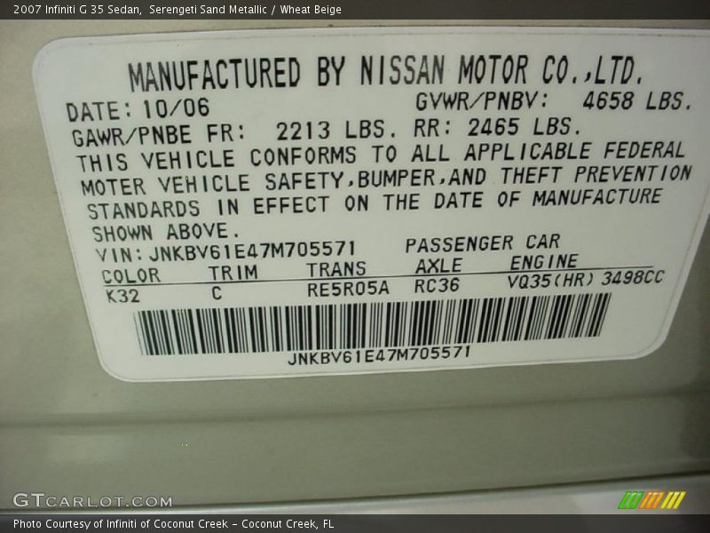 Serengeti Sand Metallic / Wheat Beige 2007 Infiniti G 35 Sedan