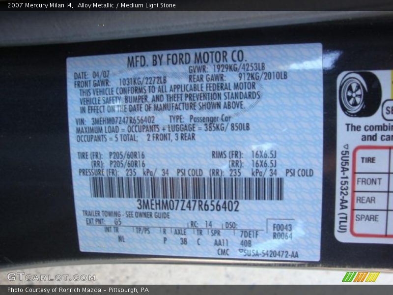 Alloy Metallic / Medium Light Stone 2007 Mercury Milan I4